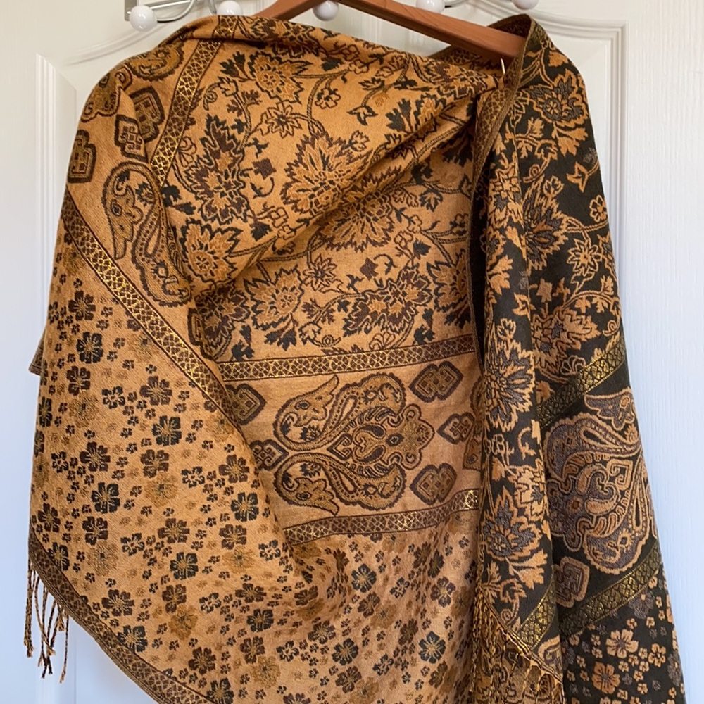 Orange black gold Pashmina 100% pashmina from Jordan NWOT - Picture 2 of 7